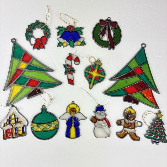 Vintage Stained Glass Style Christmas Ornaments Sun Catchers Lot Of 13 Pcs - Picture 9 of 9